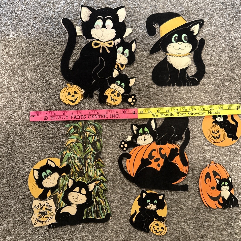 Vintage Die Cut Felt Halloween Decor Green Eyed Black Cat Lot Of 7 - Picture 11 of 11